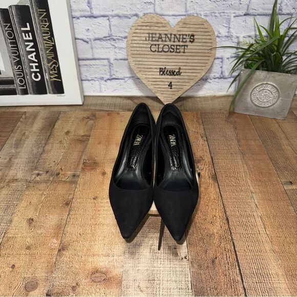 Zara black & gold kitten heel pointed toe pumps heels - Picture 5 of 10